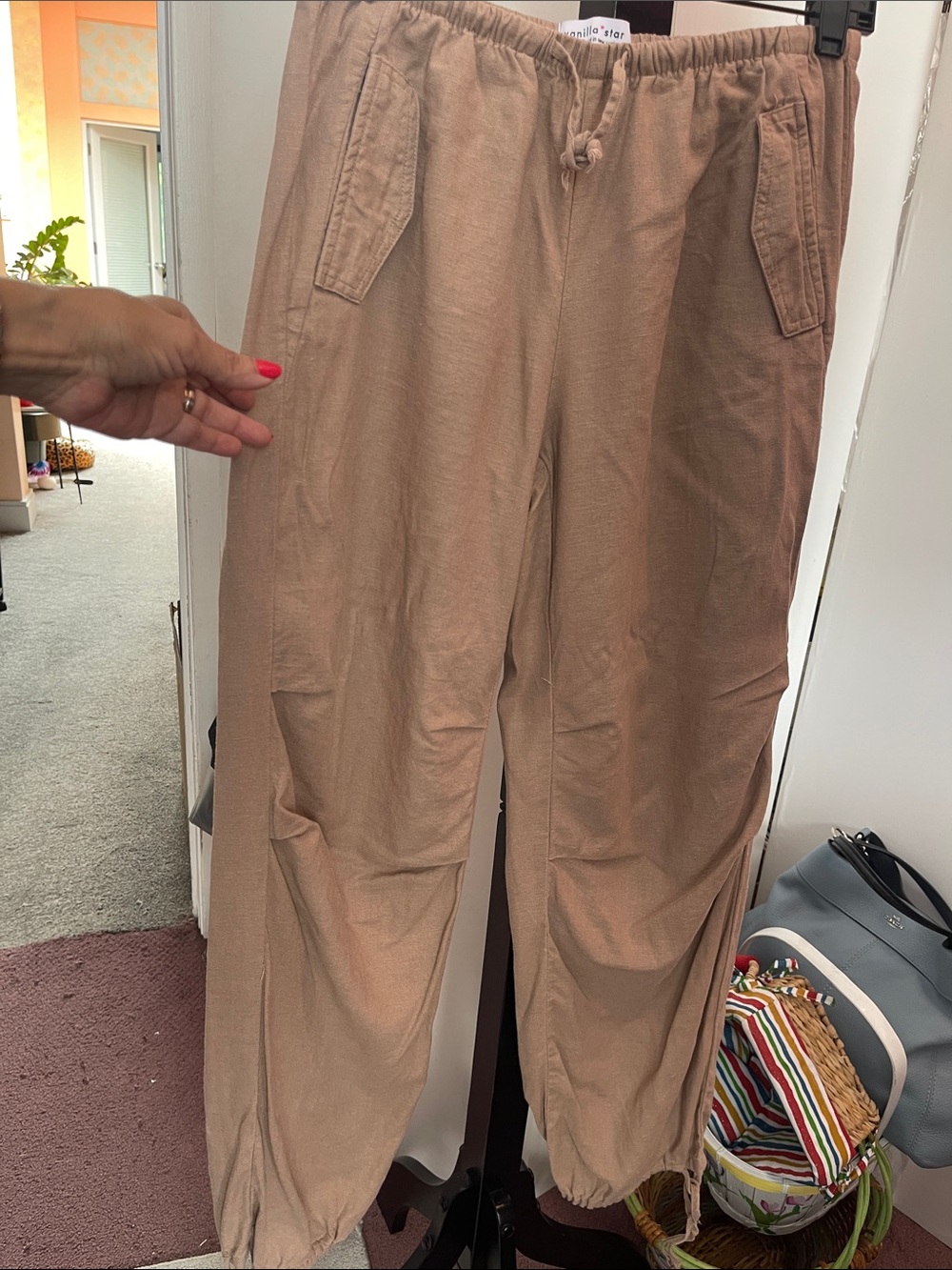 Vanilla Star tan-colored linen blend “easy utility” drawstring pants